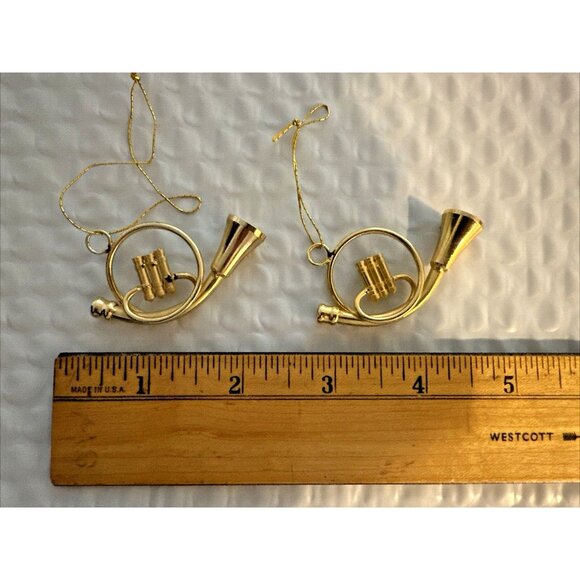 2 Vintage Christmas Ornaments 2" Gold Metal French Horns Musical Instruments - Picture 2 of 4